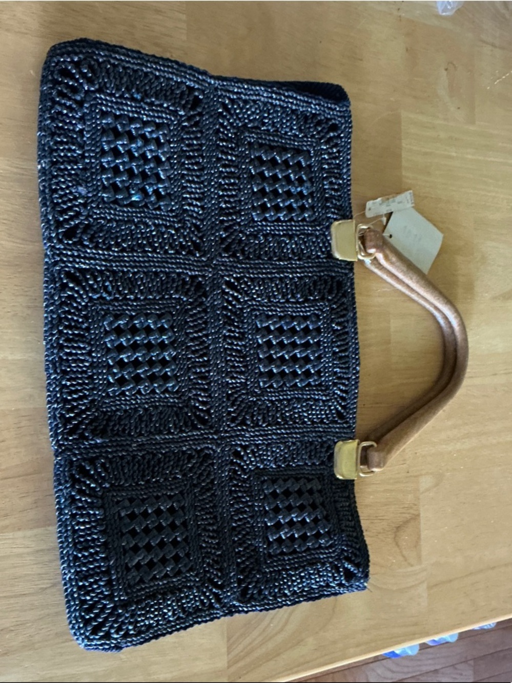 Woven Black Tote with Brown handle Vintage bag - Picture 2 of 6